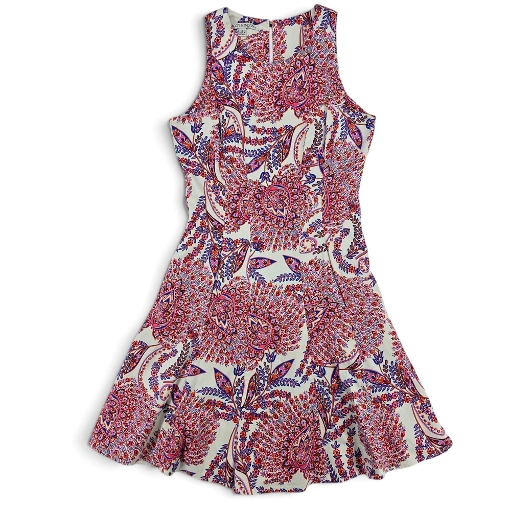 Maggy London 8 Paisley Fit Flare Dress Sleeveless Pink Blue Wedding Guest - Picture 2 of 7